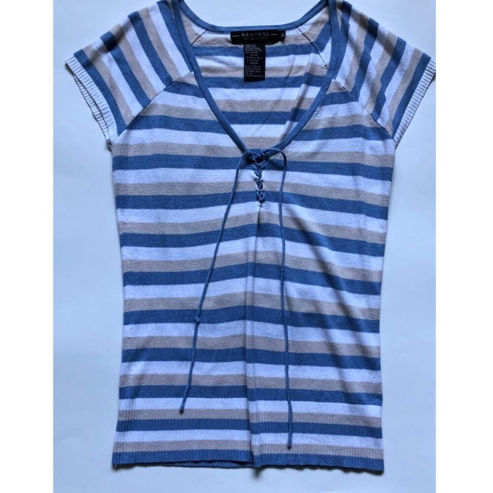 Rampage, Blue, White & Tan Stripe, stretchy, short/cap sleeve top, Size Medium